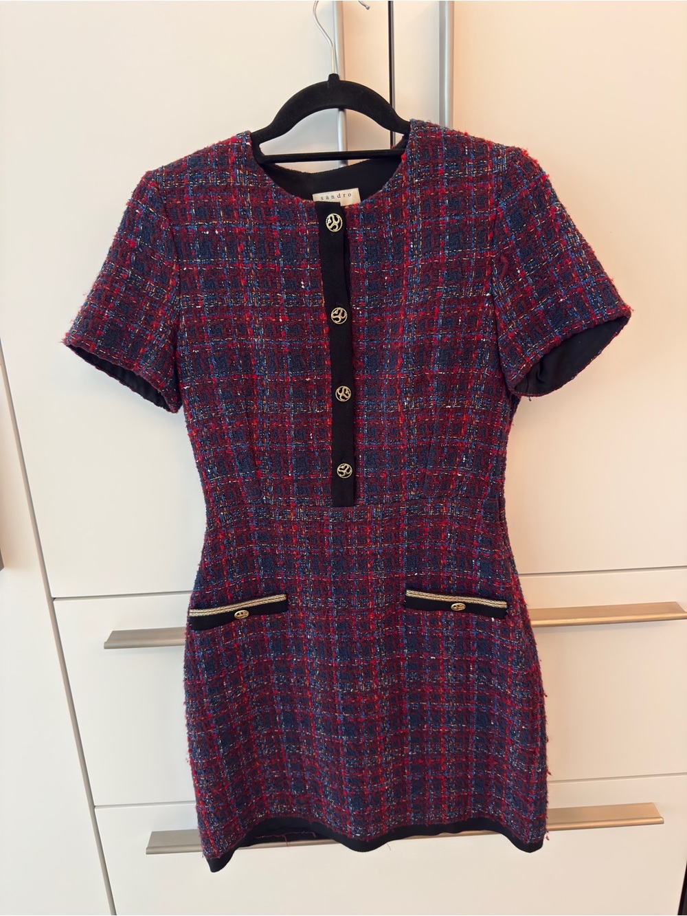Sandro Pink & Purple Tweed Short Sleeve Mini Dress